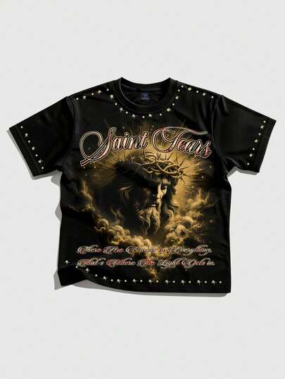 ROMWE MEN 2026 Summer New Men's Jesus Graphic Print Round Neck Short Sleeve T-Shirt
