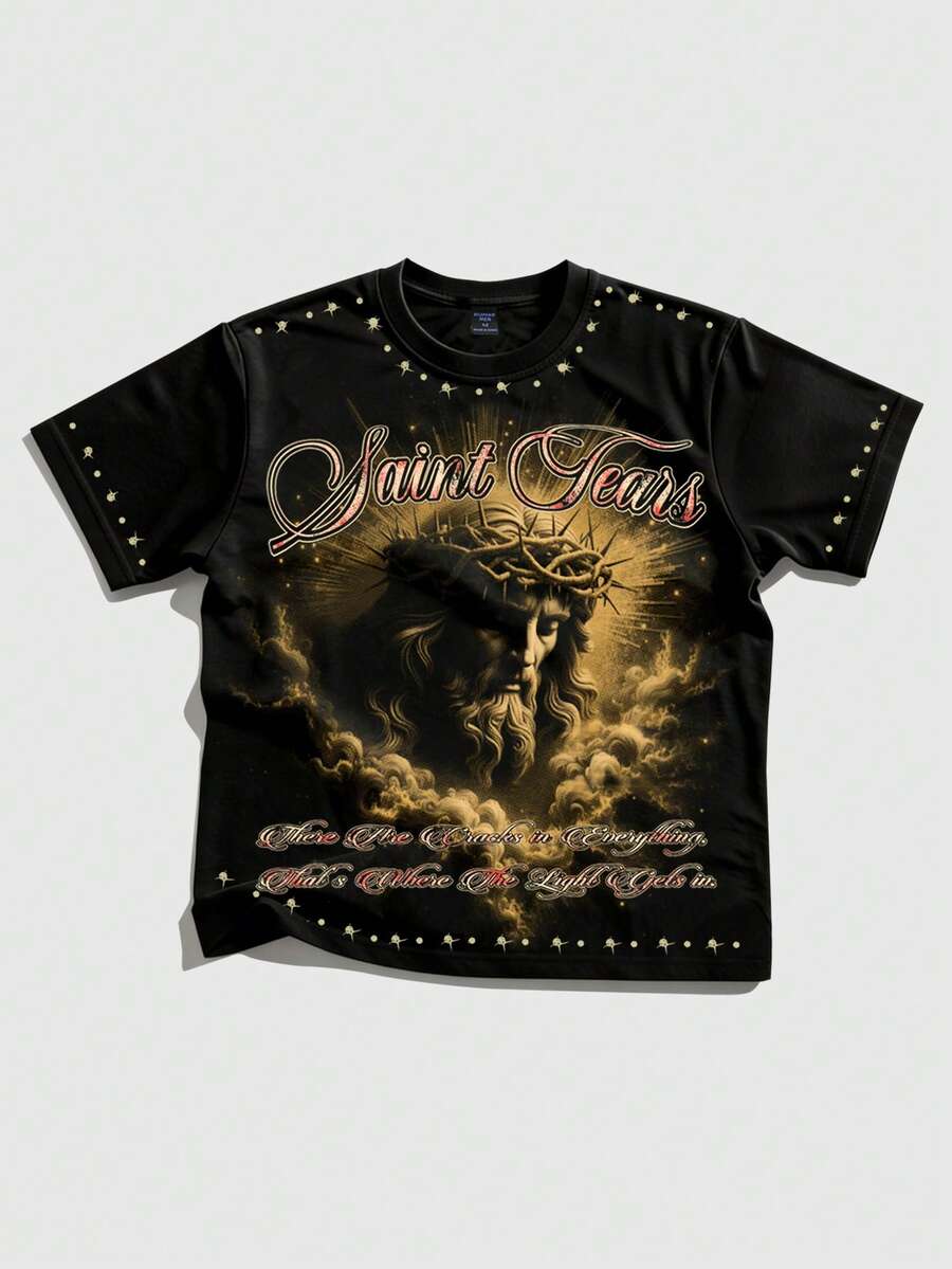 ROMWE MEN 2026 Summer New Men's Jesus Graphic Print Round Neck Short Sleeve T-Shirt - Black - View 1