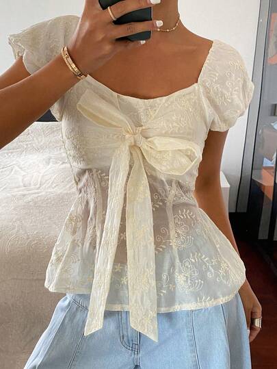 DAZY Women's Elegant Vacation Blouse With Solid Color, Waist Cinching, Embroidery, Jacquard Fabric And Butterfly Sleeve