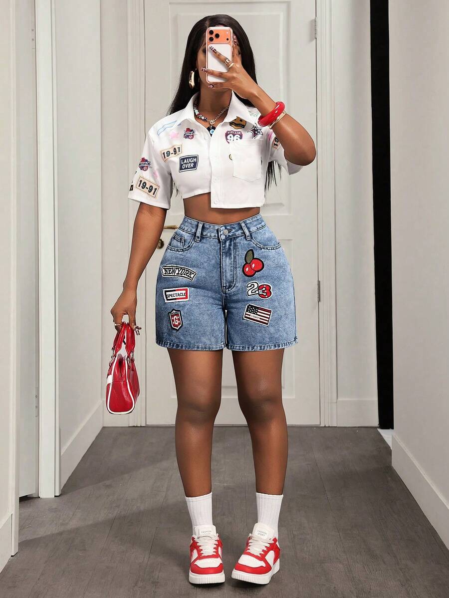 BamGleam Short en jean décontracté pour femmes avec boutons décoratifs pour l'été - Jean bleu - Voir 1