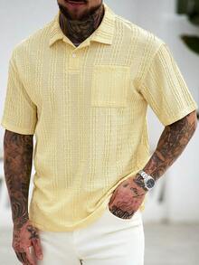 Manfinity Homme Men's Pale Yellow Short Sleeve Polo Shirt,Textured Stripe Design Collared Neckline,Casual Summer Vacation Cuban Style Retro Streetwear,Old Money Y2k - Yellow - View 3
