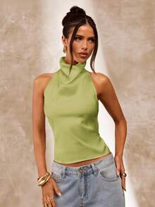 SHEIN BAE Apricot Color Draped Neck Backless Women's Tank Top, Sexy & Elegant Camisole For Spring/Summer - Olive Green - View 4