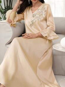 SHEIN Najma 女士V领串珠花卉层叠荷叶袖阿拉伯风格连衣裙，春夏款 - 杏色 - 查看 7