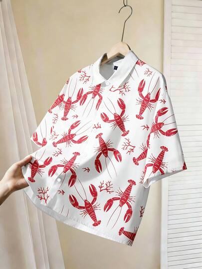 Chillumni Hawaiian Style Shrimp Print Short Sleeve Shirt For Men, Funny Shrimp All-Over Print Short Sleeve Shirt, Beach Vacation Style Unisex Short Sleeve Shirt