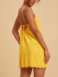 Travachic Đầm mini không tay thêu họa tiết, cổ yếm, viền bèo nhún dành cho nữ năm 2026, thích hợp cho kỳ nghỉ, hẹn hò, đi biển, du lịch, tiệc tùng, ăn trưa. - Màu vàng - Xem 3