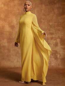 Đầm maxi dài tay cánh dơi cổ cao bằng vải chiffon màu nâu - Màu vàng - Xem 4