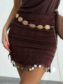 Firerie Women's Elegant Spring/Summer Boho Romantic Beach Vacation Ruched Tight Seashell Tassel Hem Mini Skirt Women Skirts Womens Summer Resort Beach Skirt - Brown - View 14