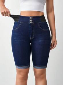 Flexra Women's Solid Color Elastic Slant Pocket Casual Skinny Denim Shorts - Dark Wash - View 1