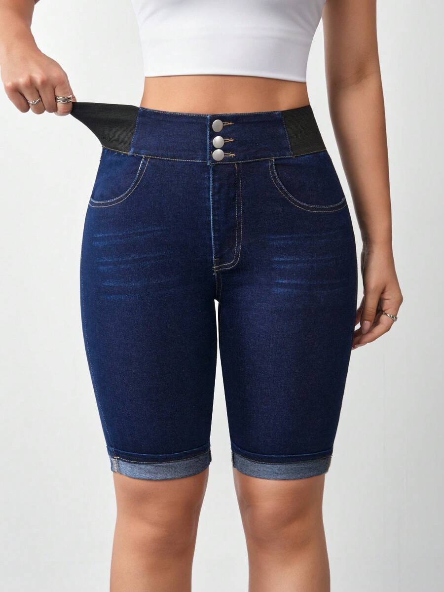 Flexra Women's Solid Color Elastic Slant Pocket Casual Skinny Denim Shorts - Dark Wash - View 1