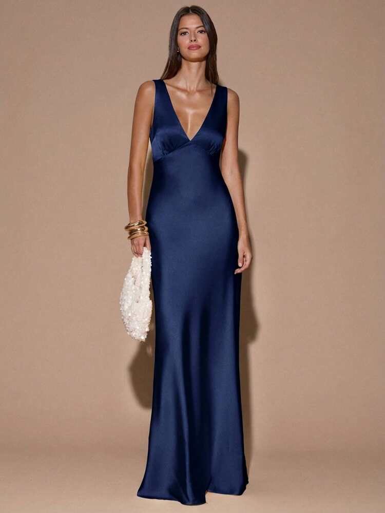 SHEIN BAE Sexy Minimalist Solid Color Cream Yellow Deep V-Neck Sleeveless Backless Tie Strap Maxi Mermaid Dress, Suitable For Party, Cocktail, Formal Occasion, Bridesmaid, Birthday, Christmas, Business Casual,Summer Dresses For Women - Navy Blue - View 3