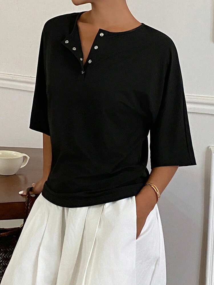 Women's French Style Loose Fit Cinched Waist Round Neck Mid-Sleeve Casual Versatile Pullover T-Shirt