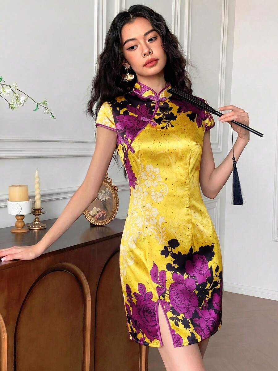 EastFlair Đầm ngắn nữ in hoa, cổ bẻ, thắt eo, thanh lịch cho các buổi hẹn hò và tiệc tùng.