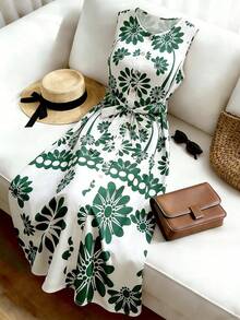 GlowEve Women's Vacation Style Placement Print Round Neck Sleeveless Waist Tie A-Line Dress - Multicolor - View 1