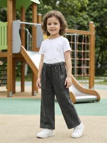 Girls' New Black Washed Loose Knit Denim Jeans, Featuring Five-Pointed Star Embroidery Design. Elastic Waistband With Drawstring Decor. Made Of Lightweight Soft Cotton Denim, A Must-Have Fashionable Item For Girls. Suitable For Spring/Summer Wear, Casual, OOTD, Outing, Party. 2026 Summer New Arrival.Everyday Casual Young Girls Black Long Denim Jeans With Pockets And Star Detail Straight - Black - View 6