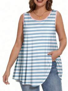 EMERY ROSE Striped Round-Neck Casual Vest, Plus Size Women's Vest, Summer Style - Multicolor - View 3