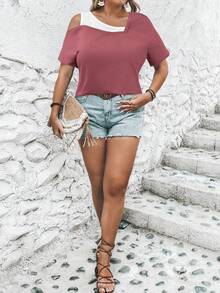 EMERY ROSE Plus Size Summer Casual Contrast Color Asymmetric Collar T-Shirt - Redwood - View 3