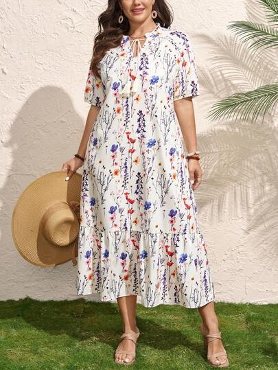 Comfylo Plus Size V-Neck Midi Casual Dress Dresses For Woman Vintage Dresses For Women Retro Dresses For Woman Floral Dresses For Women V-Neck Midi Dress Vacation Outfits Women Dresses Yisikado Dress Zanea Dress For Woman Yeloow Dress