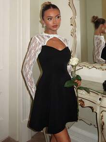 Glamine Charm Đầm ngắn dáng chữ A tay dài khoét rỗng, phối ren, thanh lịch, thích hợp cho tiệc tùng, mặc hàng ngày và các dịp buổi tối. - Đen và trắng - Xem 5