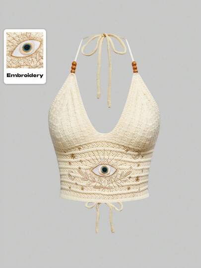 ROMWE Conjunto de verano bohemio para mujer, estilo hippie de vacaciones con bordado de ojo, luna y estrella, blusa de punto de colores con cuentas