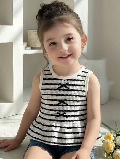 SHEIN Playful Pals Baby Girls' Casual Textured Knit Striped Bow Decor Vest Top, Spring/Summer
