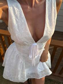 Livesso Sleeveless V-Neck Midi Dress For Women, Vacation Summer - White - View 1