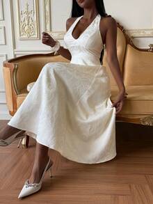 Livesso Women's Elegant Jacquard Backless Halter Dress, Summer - White - View 4