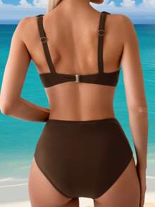 Swim Lushoire Women's Coffee Brown Bikini Set,Elegant Push Up Tummy Control Swimwear,Full Coverage Solid Color Bathing Suits For Summer,Beach,Holiday,Holiday - Coffee Brown - View 2