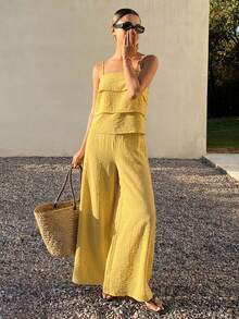 Women's Summer Vacation Yellow Camisole Ruffle Top And Casual Pants 2 Pieces Set Lounge Sets For Women - Yellow - View 3
