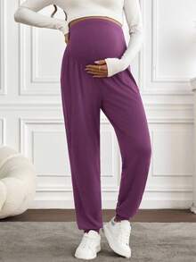 SHEIN Maternity Casual Solid Color High Waist Pants - Red Violet - View 3