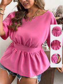 Ceyna Blusa de mujer talla grande de unicolor con cuello redondo, cintura ceñida y mangas cortas de hombros caídos - Rosa - Ver 1