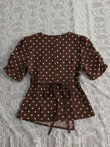 Franclia Polka Dot Print Elegant Asymmetric Design Round Neck Blouse For Women - Brown - View 2