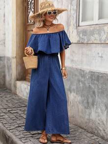 Brillora Bộ jumpsuit denim ống rộng trễ vai bèo nhún phong cách thường ngày mùa hè dành cho nữ - Rửa tối - Xem 3
