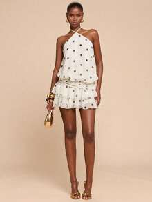 SHEIN BAE 杏色和黑色波点露背系带荷叶边下摆性感优雅连衣裙，适合派对、度假、宴会、婚礼、夜间外出、浪漫约会、春夏穿着。 - 杏色 - 查看 1