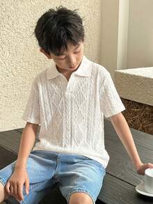 SHEIN Áo polo tay ngắn màu trơn có cổ dành cho bé trai tuổi teen - trắng - Xem 4