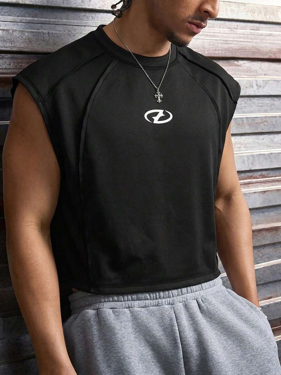 AXEPEAK 男士装饰图案印花无袖时尚背心 - 黑色 - 查看 1