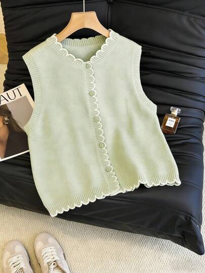 Franclia Áo vest dệt kim phối màu dành cho nữ, viền vỏ sò, cài cúc phía trước, thích hợp cho mùa xuân/đầu hè.