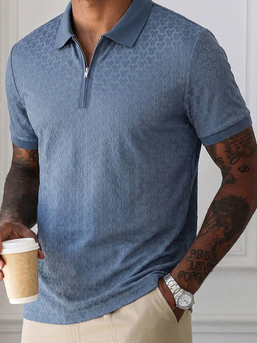 Manfinity Bizformal 男士短袖纹理面料拉链领 Polo 衫,适合外出和办公穿着,正式场合。 - 藍色 - 查看 1