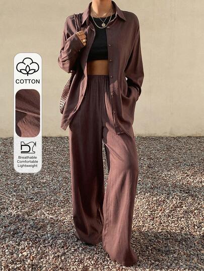 DAZY Commuting & Office, Spring/Summer Western Style Beach Vacation Solid Color Faux Denim Linen Loose Minimalist 2-Piece Set For Women