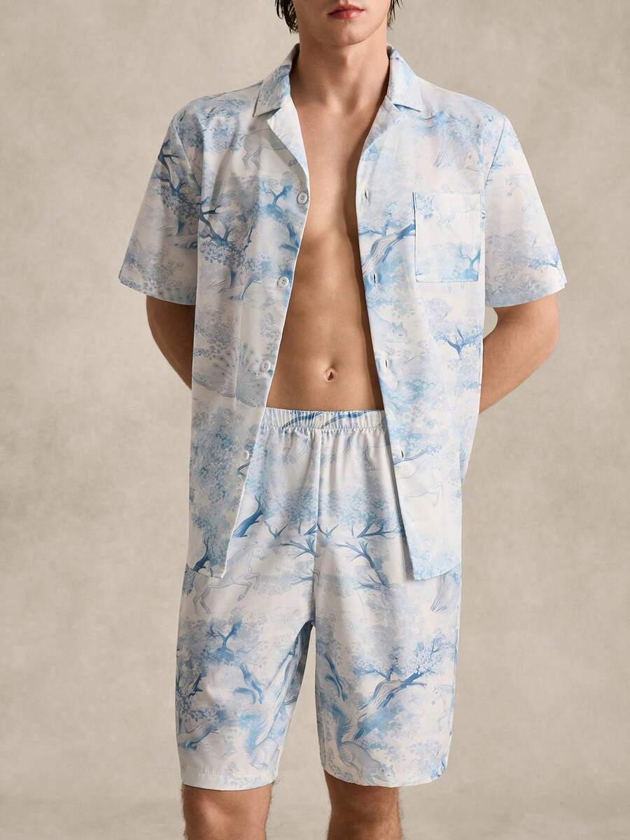 EverLounge Men's Light Blue Animal & Tree Print Short Sleeve Shorts & Cardigan Pajama Set - Baby Blue - View 1