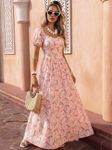 Selianne Đầm chữ A tay phồng, in hoa, thắt eo, màu hồng, thích hợp mặc đi nghỉ mát, mùa xuân/hè. - Nhiều màu - Xem 6