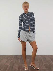 COUREZ 长袖拉链条纹连帽衫 / Y2K 春季女装可爱性感上衣，适合外出派对、锐舞派对等夏季穿着，修身条纹上衣，针织衫，夏季条纹上衣 - 藍色 - 查看 2