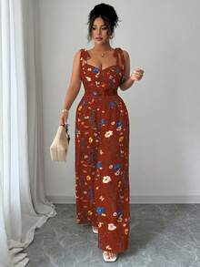 Elenzga Plus Size Women's Spaghetti Strap Backless Design + High Waist Wide Leg Pants 2 Pieces Set - Burgundy - View 3