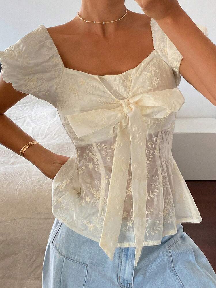 Women's Elegant Vacation Blouse With Solid Color, Waist Cinching, Embroidery, Jacquard Fabric And Bow Babydoll Top