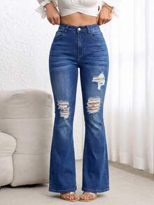 Flexra Women's Casual Distressed Flare Leg Jeans - Blue - View 3