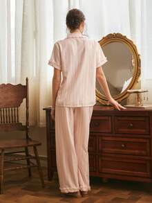 Côtesoire Bộ đồ ngủ nữ tay ngắn kẻ sọc cổ bèo lãng mạn - Hồng - Xem 2