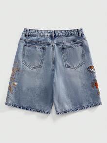 ROMWE MEN Street Life Men's Tiger & Floral Embroidery Pocket Casual Denim Shorts - Blue - View 2