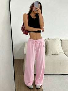 Ontre 2026SS Nuevos pantalones de pierna ancha para mujer, cintura elástica, cintura con cordón bordado, de moda, versátiles, color rosa, cómodos para el hogar y el deporte, adecuados para bodas, fiestas, vacaciones, San Valentín romántico, primavera/verano, oficina y uso casual - Rosa - Ver 3