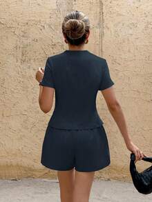 SHEIN Frenchy Women's Vacation Casual Solid Color Shirt And Shorts 2 Pieces Set - Navy Blue - View 5