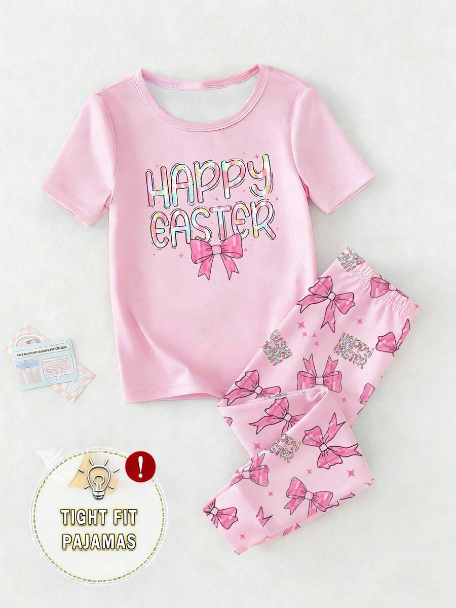 女童单件修身睡衣套装，粉色针织面料，可爱蝴蝶结印花短袖上衣和蝴蝶印花长裤，春夏款 - 粉色 - 查看 1