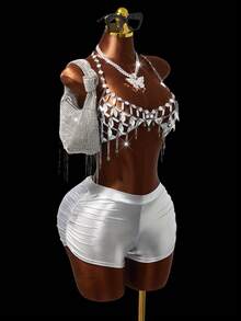 Mistrie Women's Rhinestone Glitter Halter Top , Silver Hollow-Out Gem Chain Top, Summer 70s Party Rave, Holographic Shiny Body Chain Jewelry - Silver - View 6